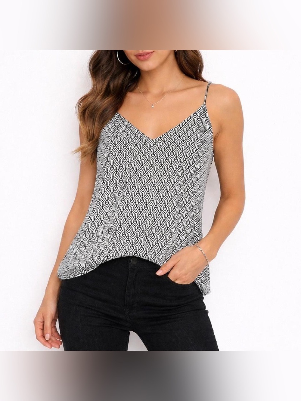 Express Black and White XS Geometric V Neck Cami Tank Blouse Baddie Workwear